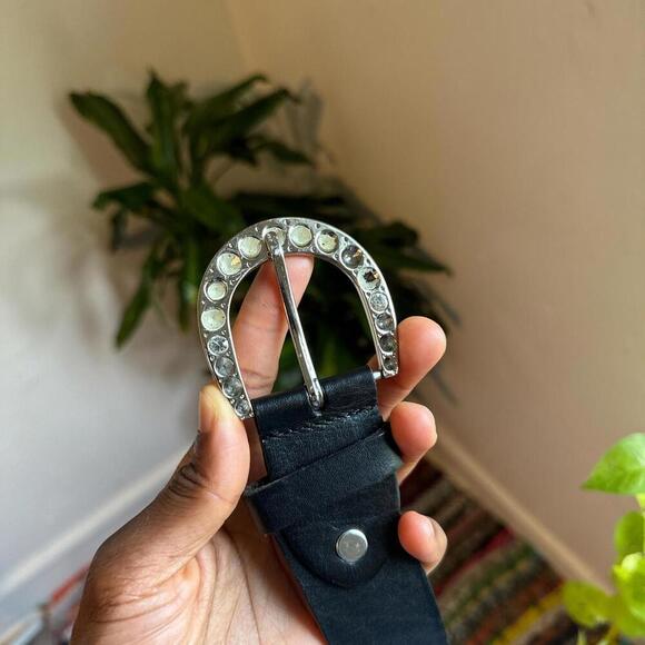 Vintage grunge Black 100% leather belt with rhinestone‎ buckle size XL main image 5